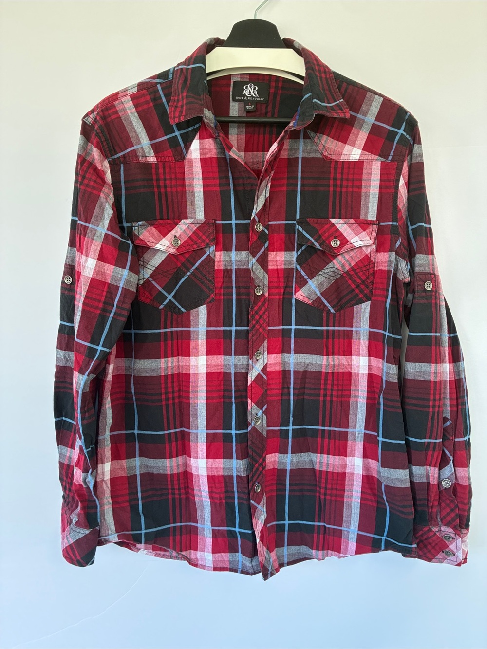 Rock & Republic Men’s Red Plaid Button-Down Shirt Cotton Blend Large